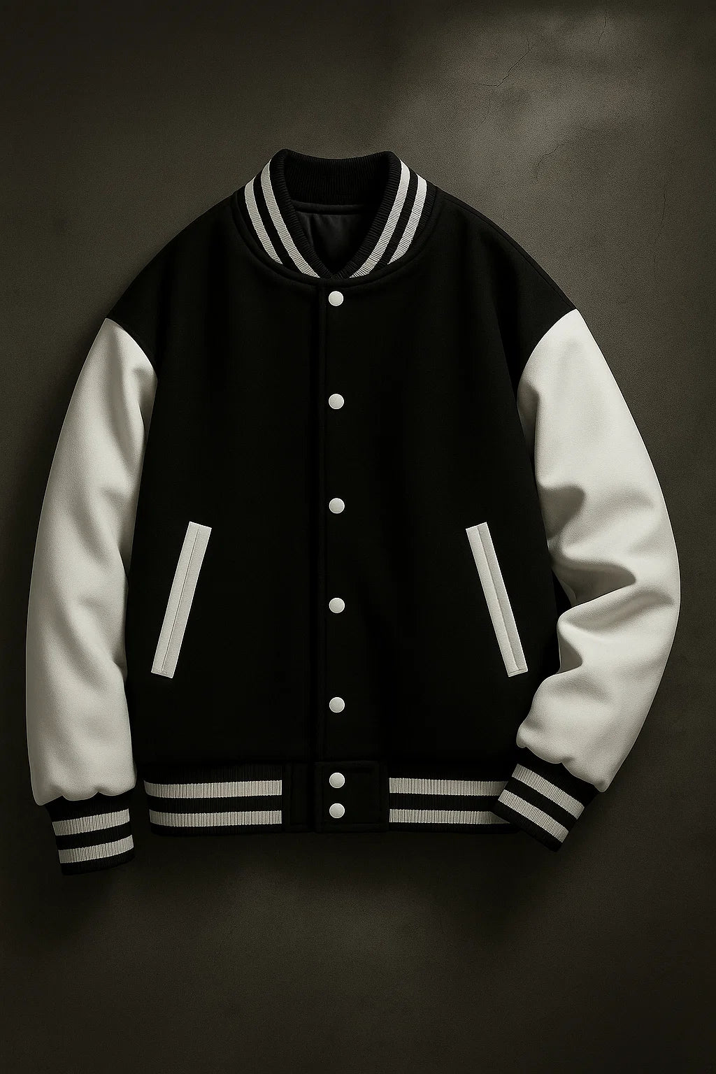 Close-up of classic black varsity jacket with white contrast sleeves, snap buttons, and striped rib-knit trim.