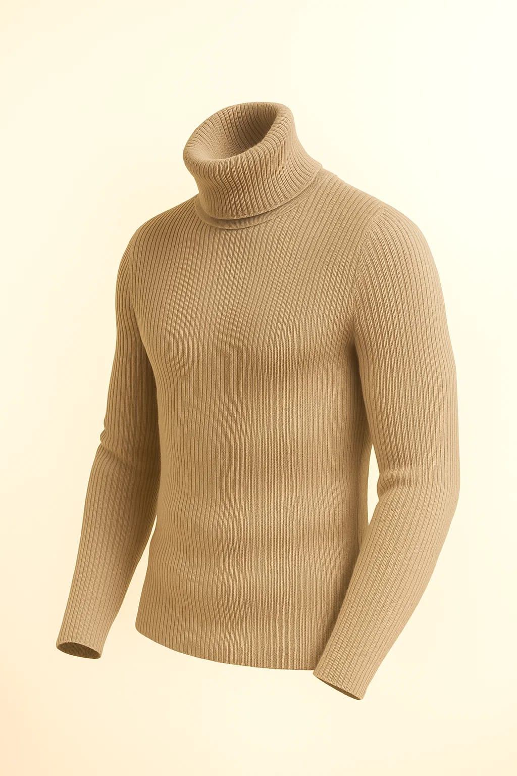 "A men's slim-fit, ribbed knit turtleneck sweater in a vibrant mustard yellow color, photographed against a pale yellow background."