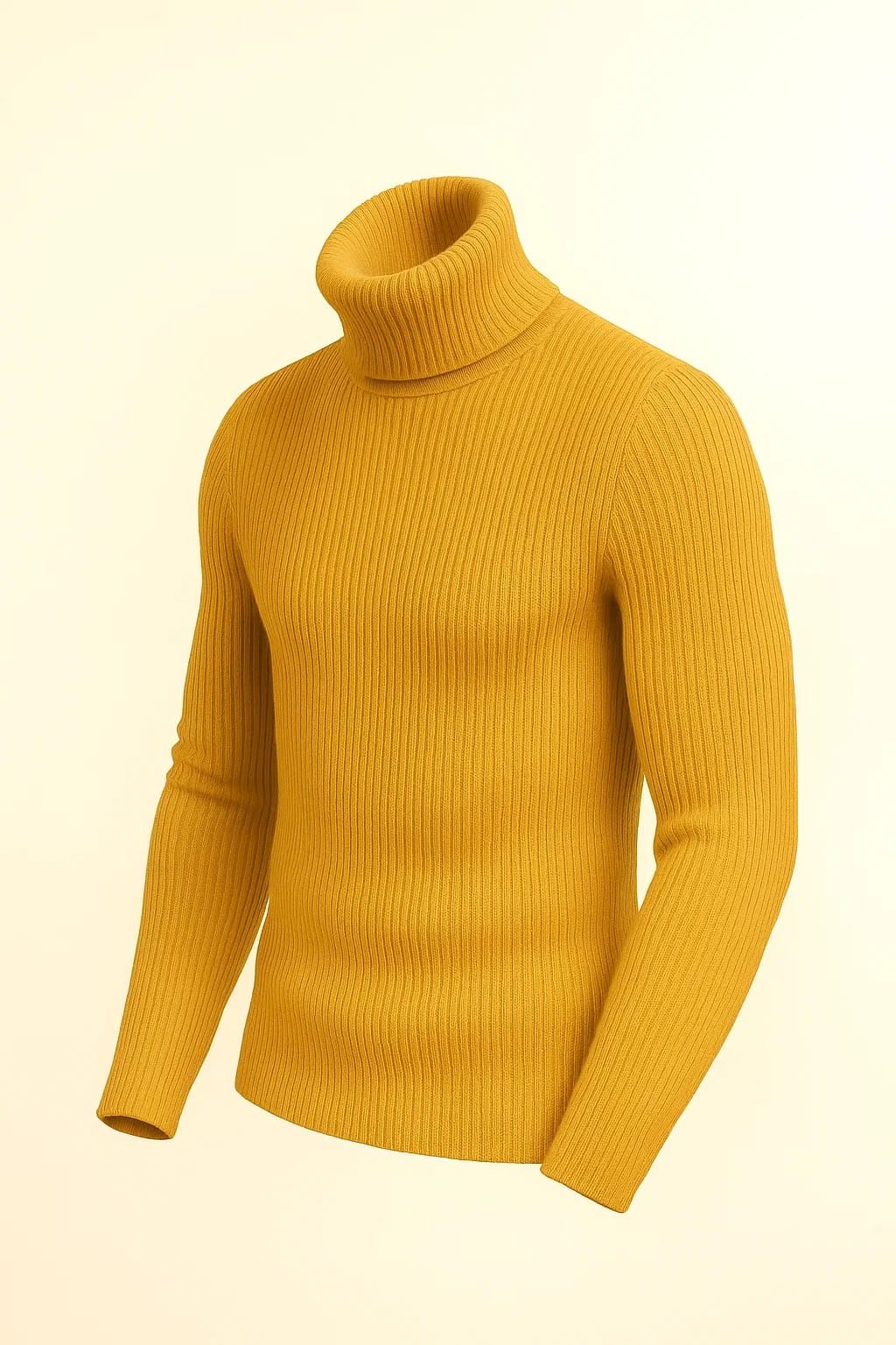 A men's slim-fit, ribbed knit turtleneck sweater in a vibrant mustard yellow color, photographed against a pale yellow background."
