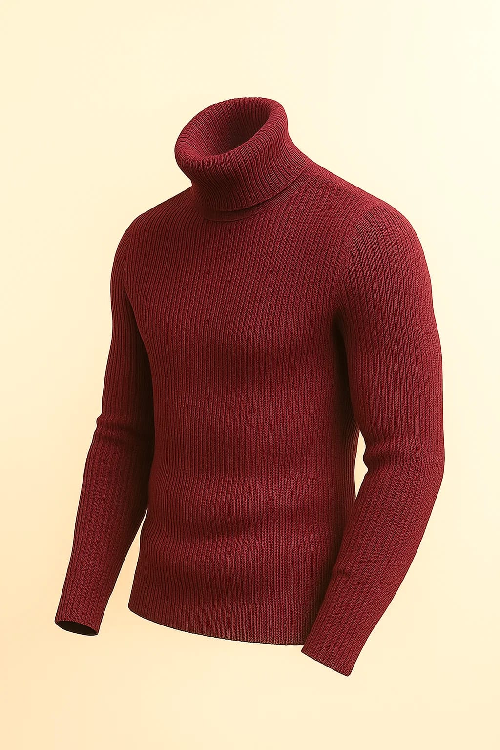 Men's slim-fit ribbed turtleneck sweater in a deep burgundy or maroon color.