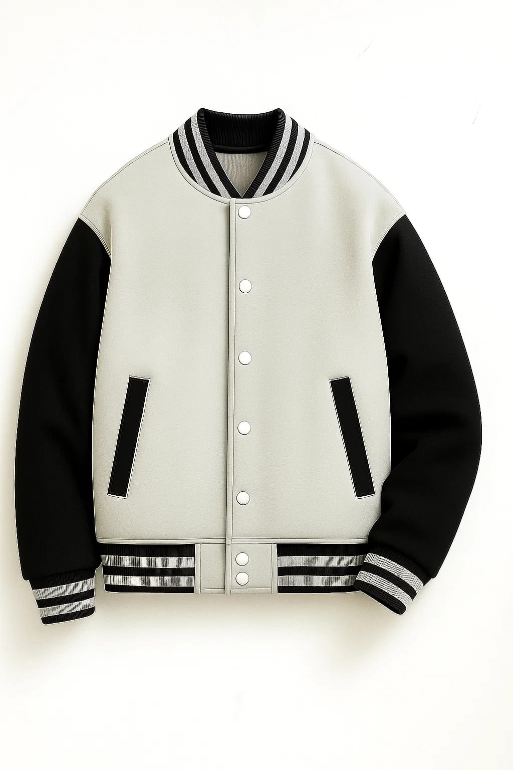 Sleek light grey varsity jacket with bold black sleeves, black and white striped trim, and silver snap buttons.