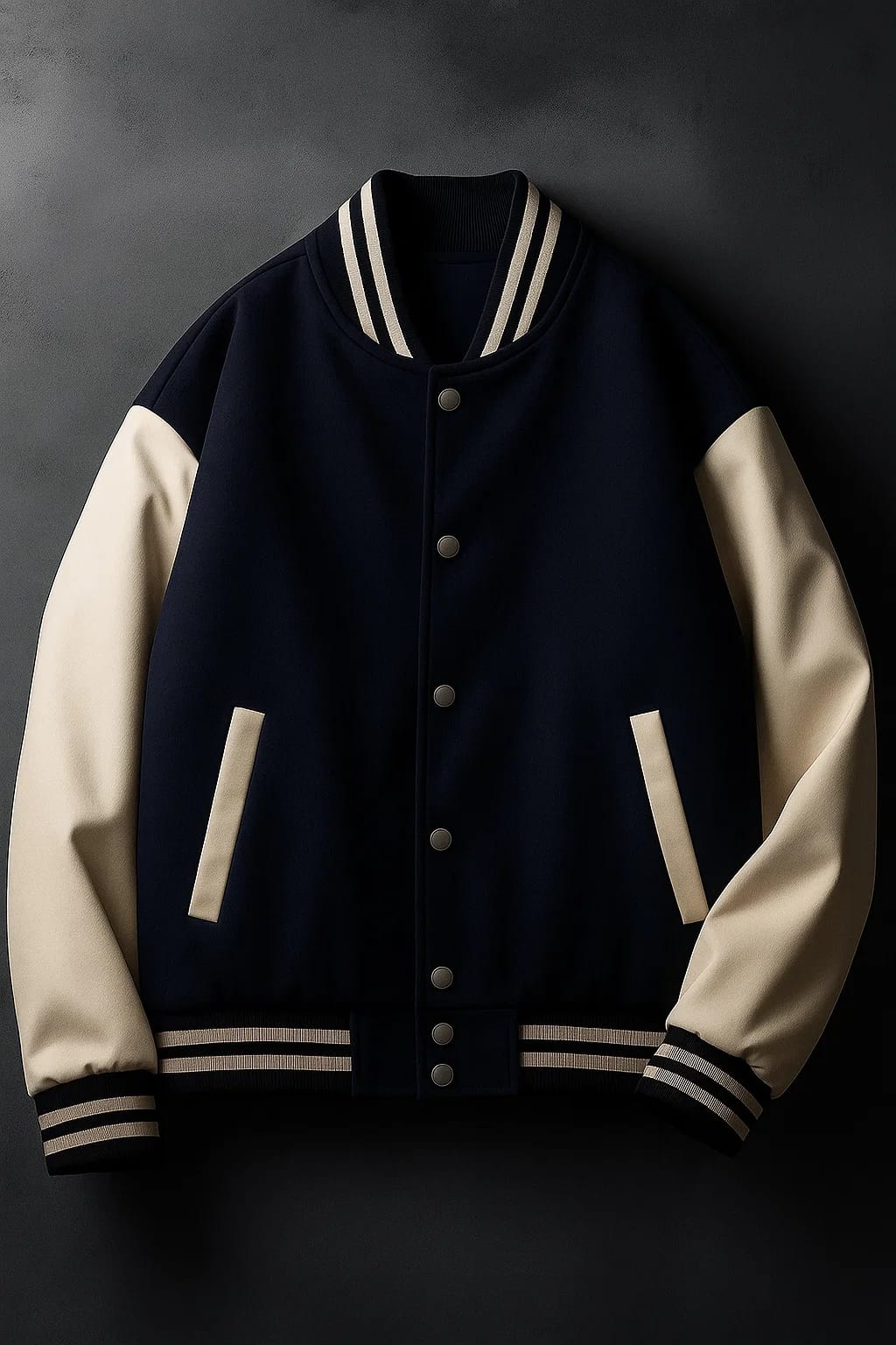 Premium navy blue varsity jacket with cream contrast sleeves and striped collar.