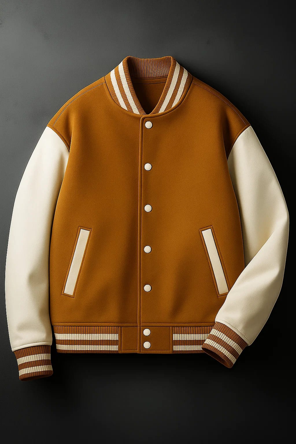 Vintage camel brown letterman jacket with cream sleeves and matching striped cuffs.