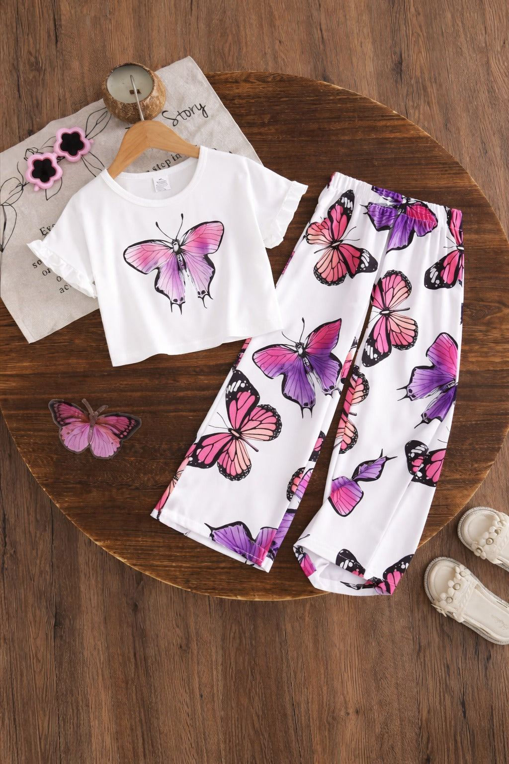 Kids White Multi Butterfly Summer Tracksuit, OM-420 Collection