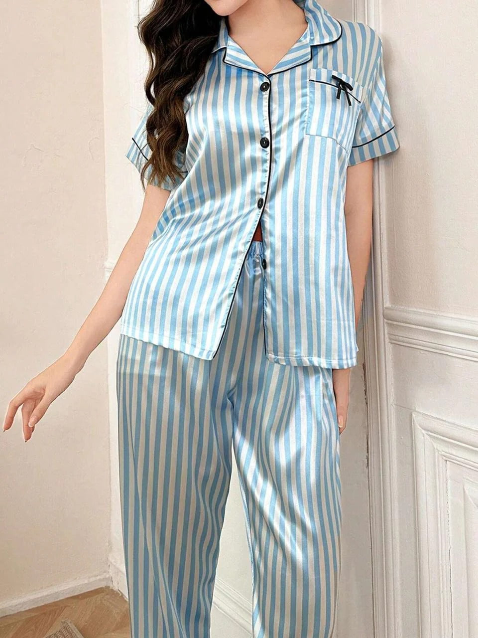 CHK # P75 - Half Sleeves Stripes Silk Lounge Wear Set