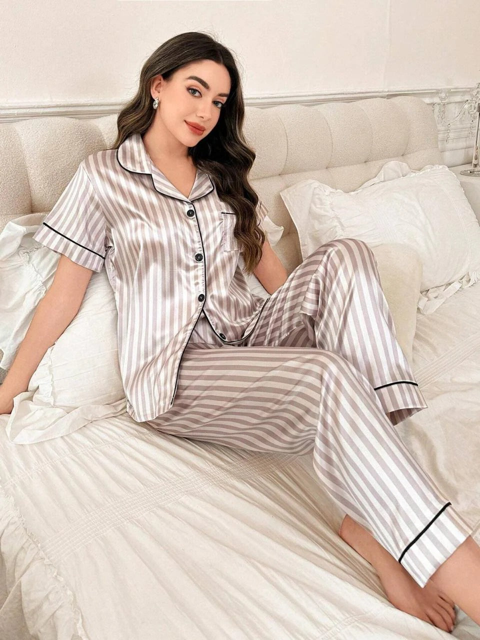 CHK # P75 - Half Sleeves Stripes Silk Lounge Wear Set