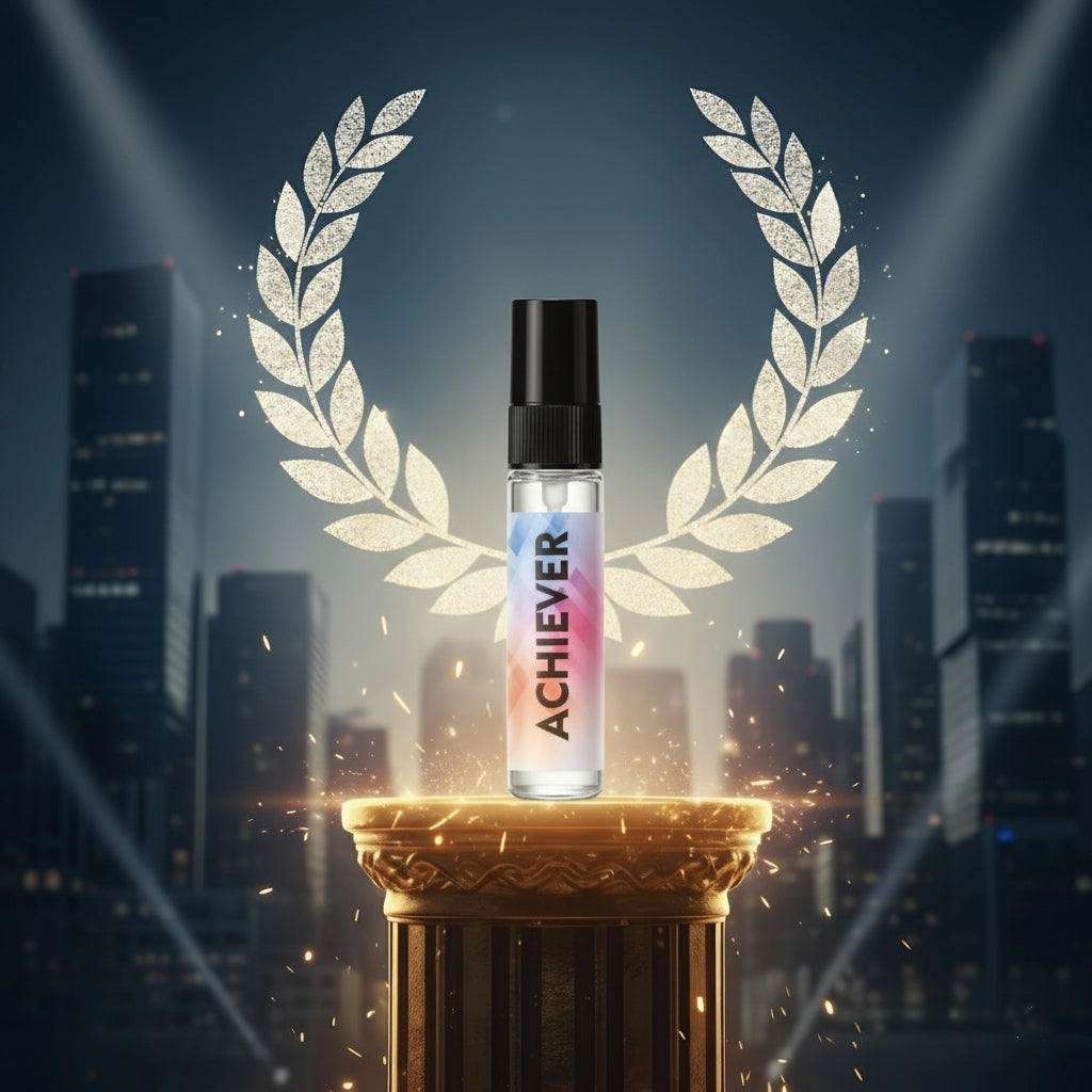 5ml ACHIEVER tester perfume bottle placed on a golden pedestal with a laurel wreath and city lights, representing a successful, confident, and powerful scent.