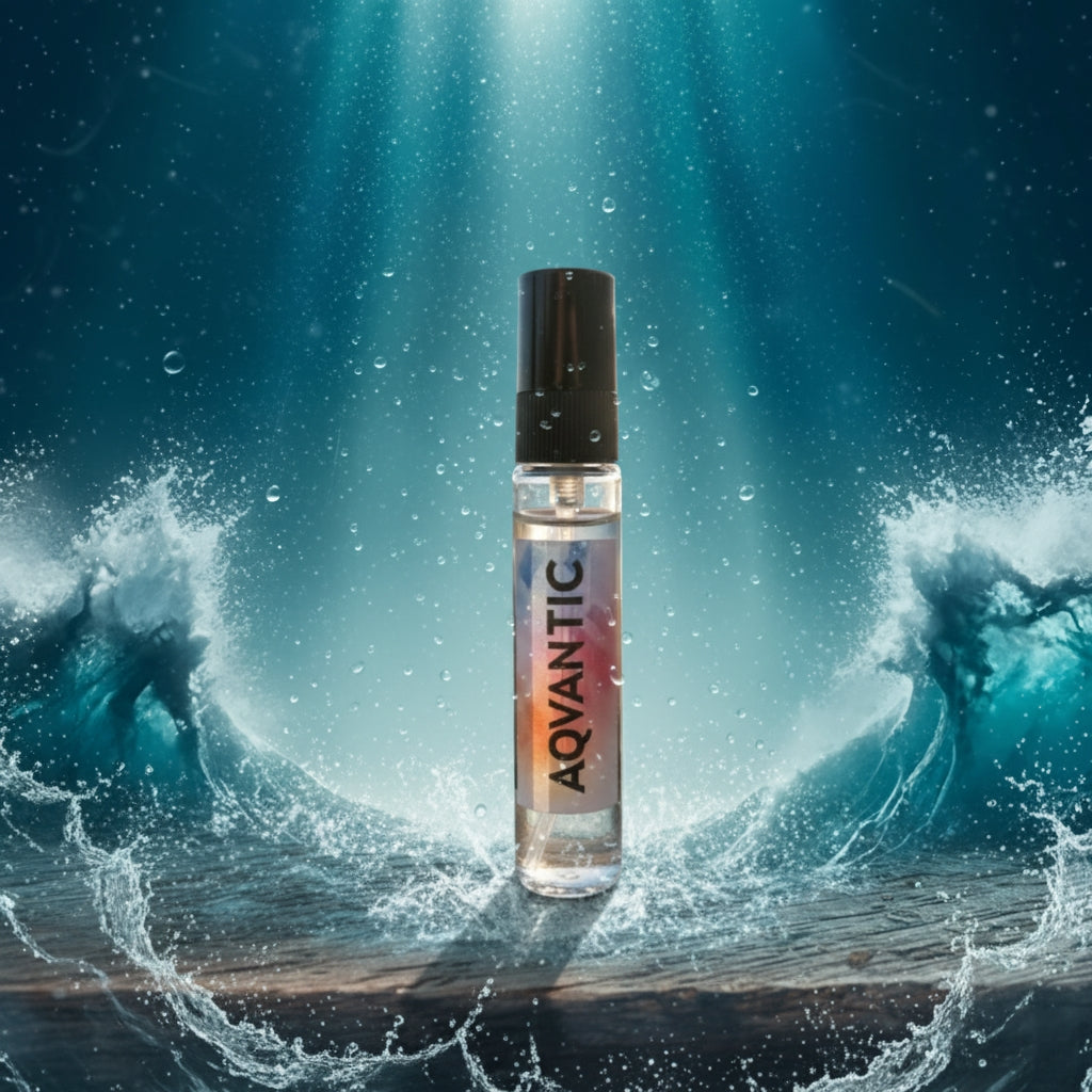 5ml AQVANTIC tester perfume bottle image set against deep blue water and ocean waves, suggesting a fresh, aquatic, and invigorating scent.