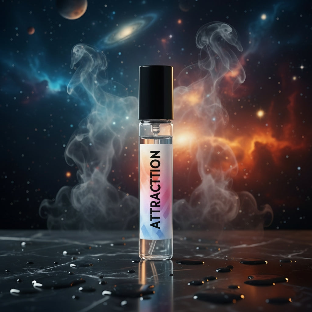 5ml ATTRACTION tester perfume bottle set against a cosmic backdrop of a galaxy and smoke, symbolizing a magnetic, seductive, and irresistible fragrance.