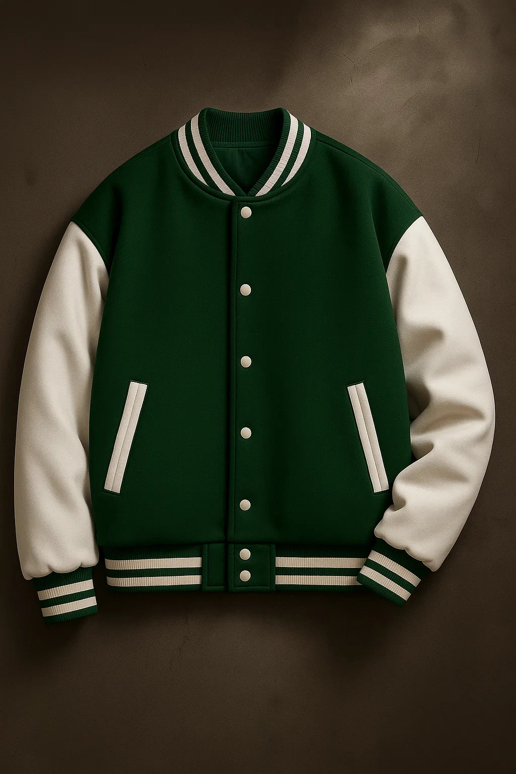 Vibrant forest green varsity jacket with white sleeves, white snap buttons, and green/white striped rib-knit trim.