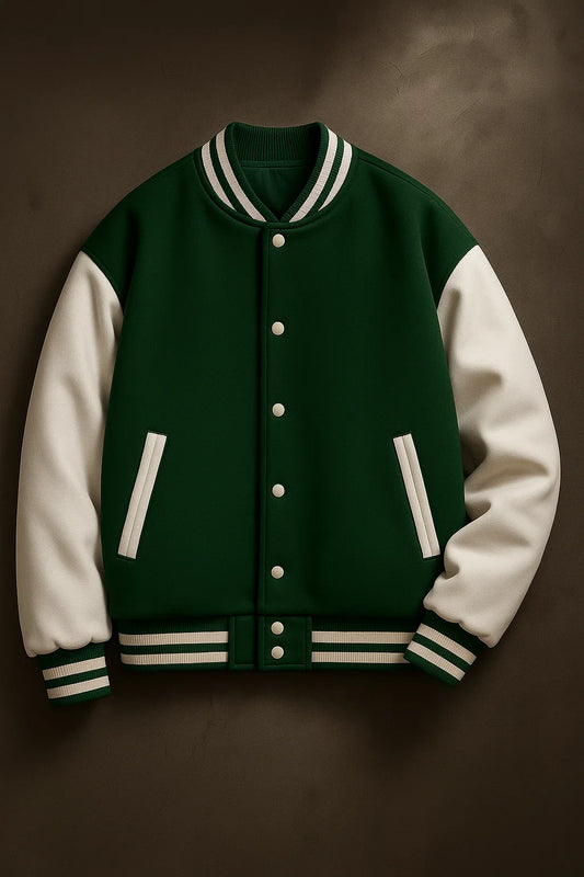 Vibrant forest green varsity jacket with white sleeves, white snap buttons, and green/white striped rib-knit trim.