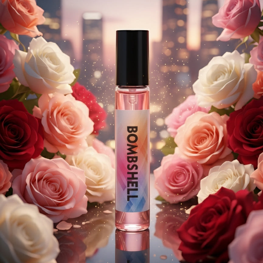  5ml BOMBSHELL tester perfume bottle surrounded by red, pink, and white roses with a city skyline backdrop, promoting a glamorous, floral, and sensual fragrance.