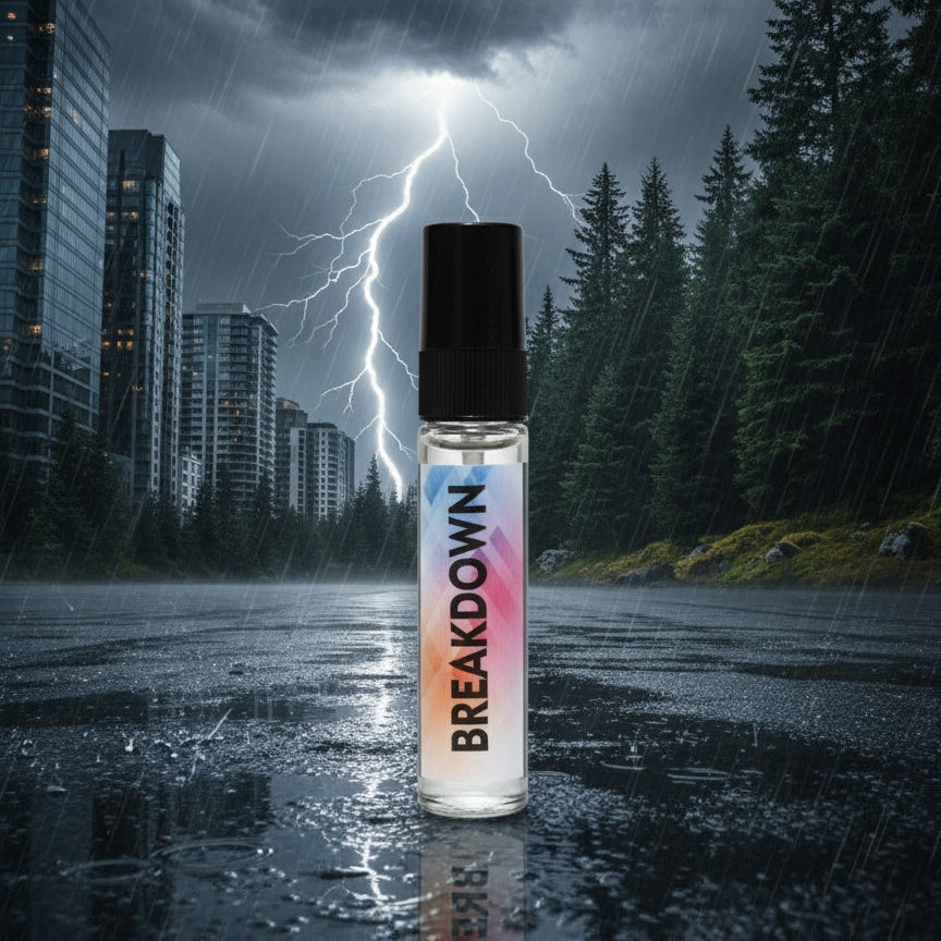 5ml BREAKDOWN tester perfume bottle on a wet road under heavy rain and lightning, suggesting a strong, dramatic, and intense scent.