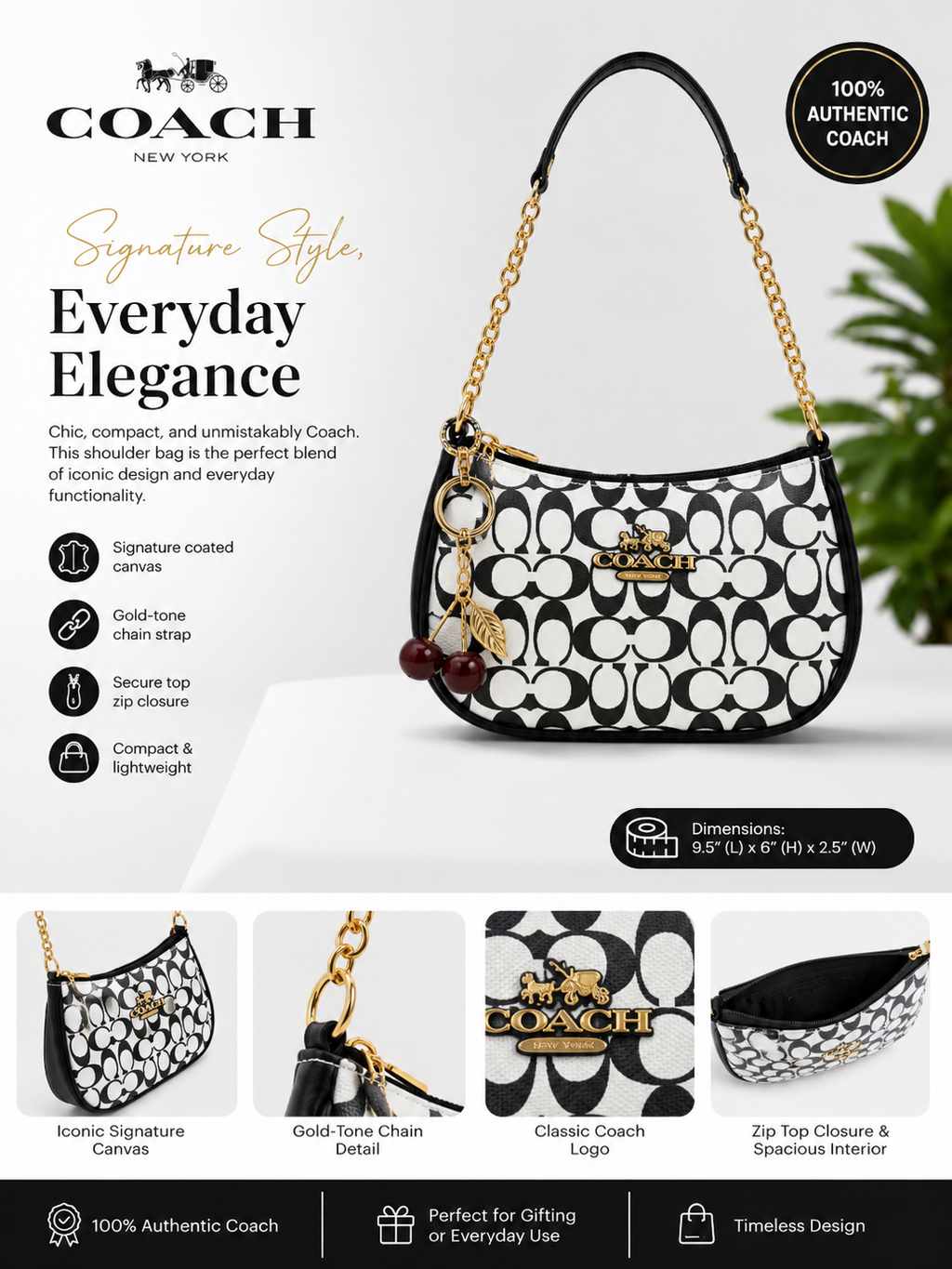 Signature White Coach Shoulder Bag with Cherry keychain