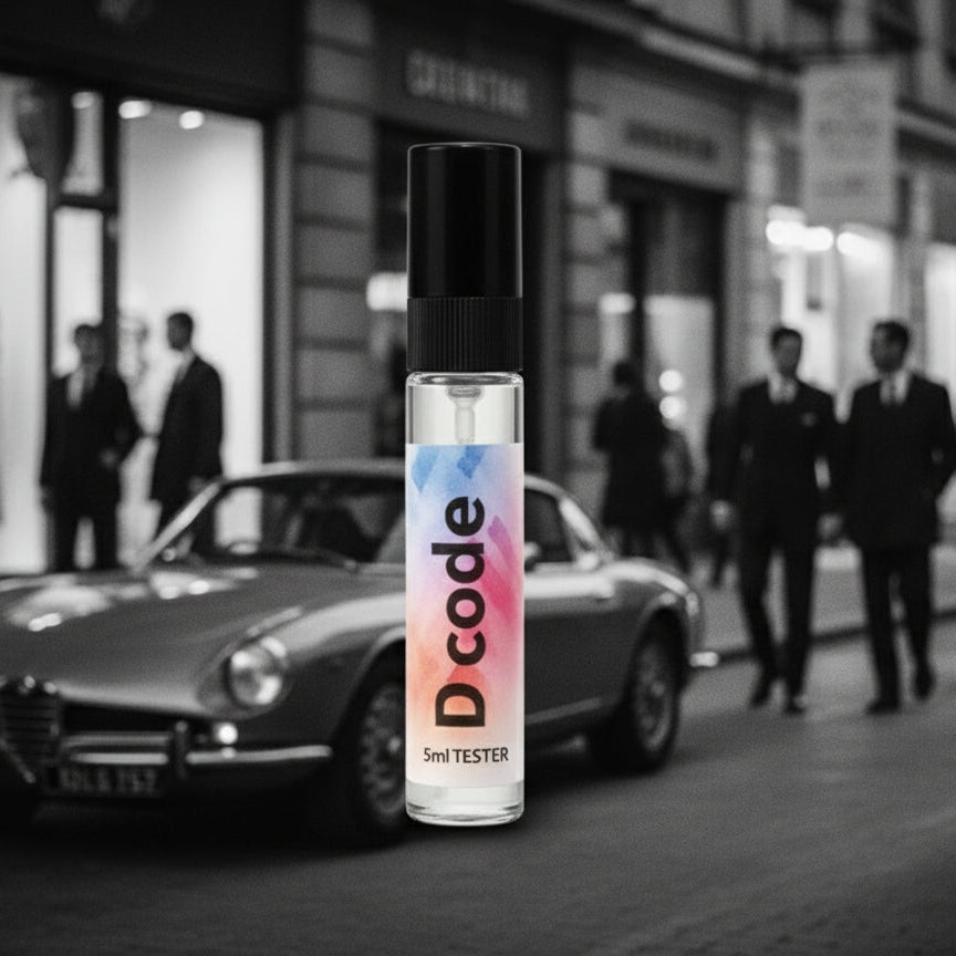 5ml D code tester perfume bottle (Dunhill Desire inspired) in a black and white street scene with a vintage sports car, indicating a masculine, stylish, and classic fragrance.