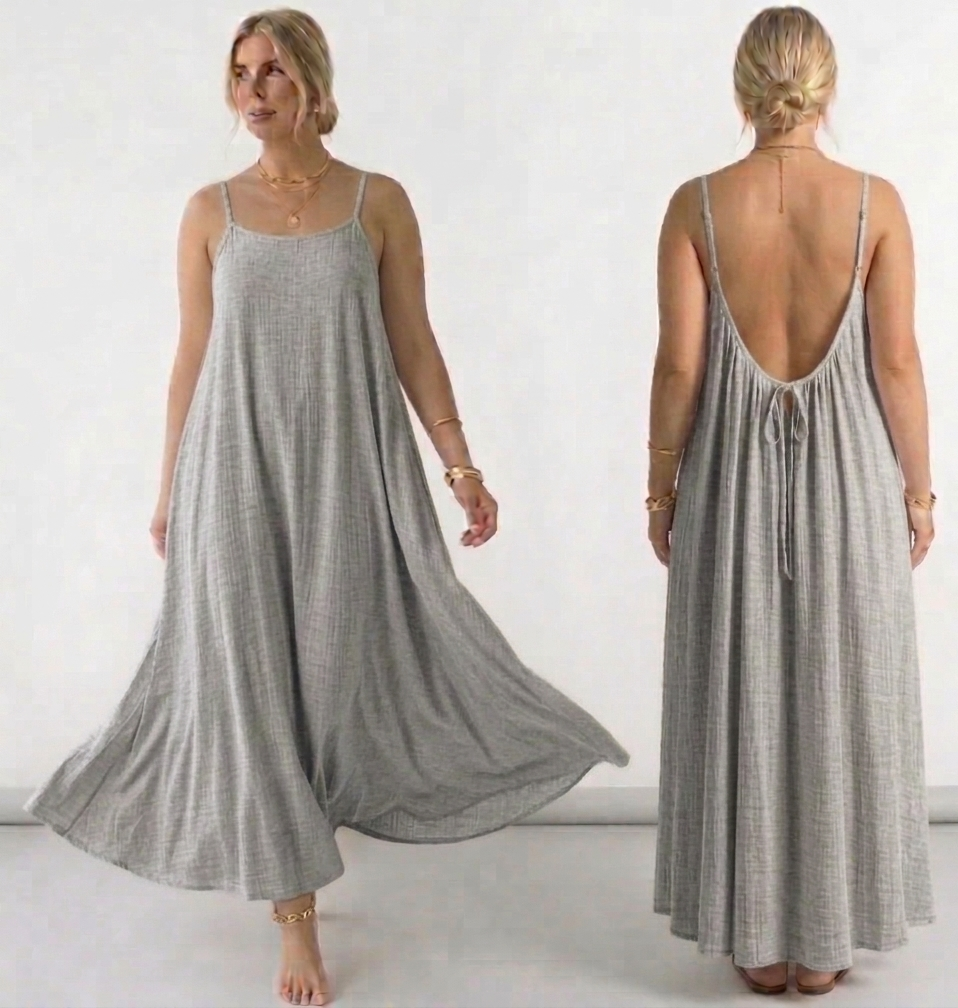Elegant flowy maxi dress for women with spaghetti straps, loose A-line fit, and backless design, perfect for summer casual wear, beach outings, and stylish everyday fashion 02