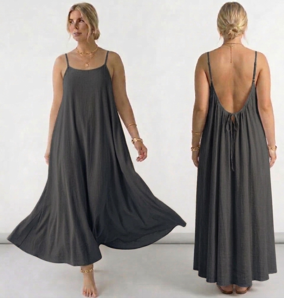 Elegant flowy maxi dress for women with spaghetti straps, loose A-line fit, and backless design, perfect for summer casual wear, beach outings, and stylish everyday fashion 03