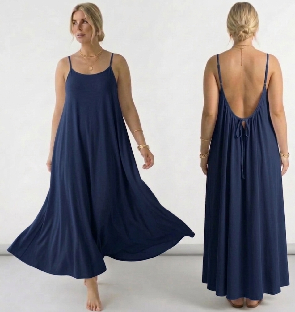 Elegant flowy maxi dress for women with spaghetti straps, loose A-line fit, and backless design, perfect for summer casual wear, beach outings, and stylish everyday fashion 04