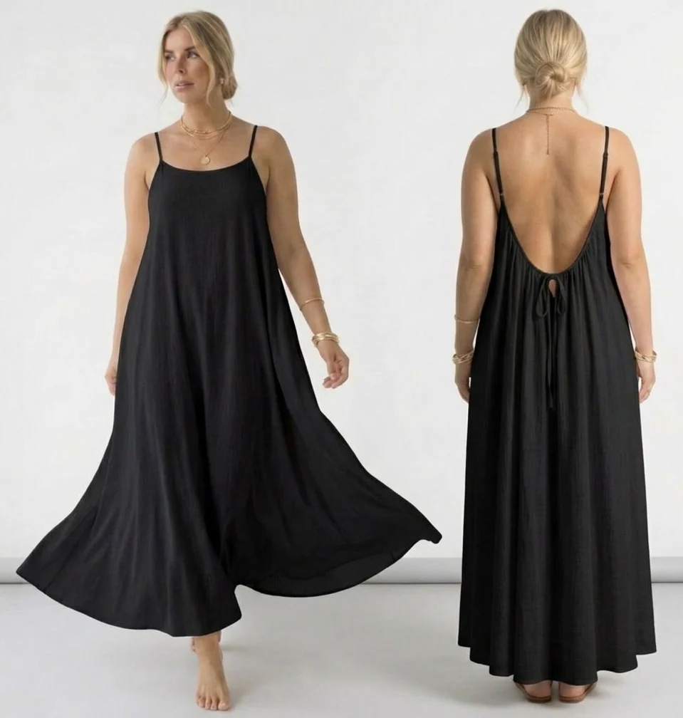 Elegant flowy maxi dress for women with spaghetti straps, loose A-line fit, and backless design, perfect for summer casual wear, beach outings, and stylish everyday fashion 05