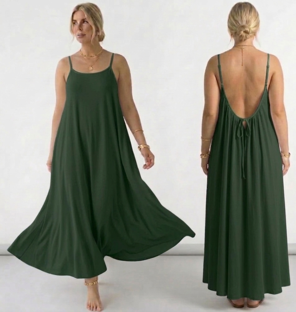 Elegant flowy maxi dress for women with spaghetti straps, loose A-line fit, and backless design, perfect for summer casual wear, beach outings, and stylish everyday fashion 06