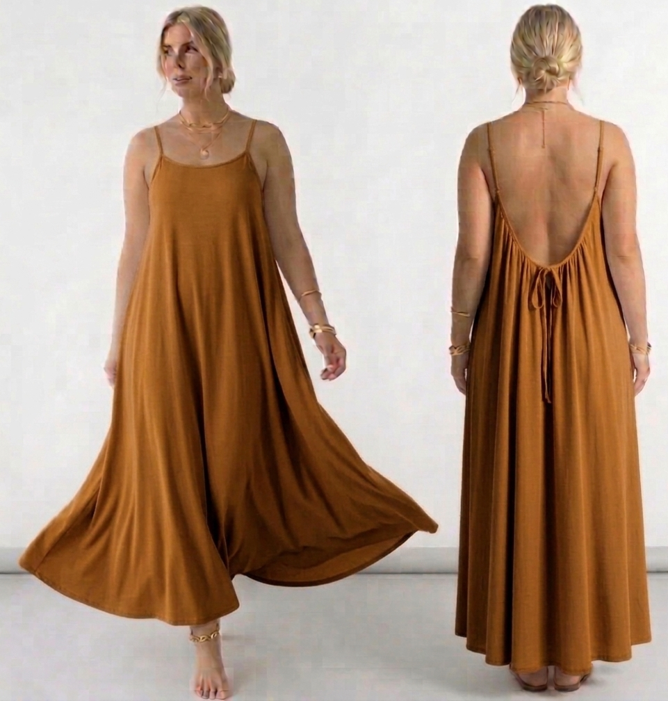 Elegant flowy maxi dress for women with spaghetti straps, loose A-line fit, and backless design, perfect for summer casual wear, beach outings, and stylish everyday fashion 07