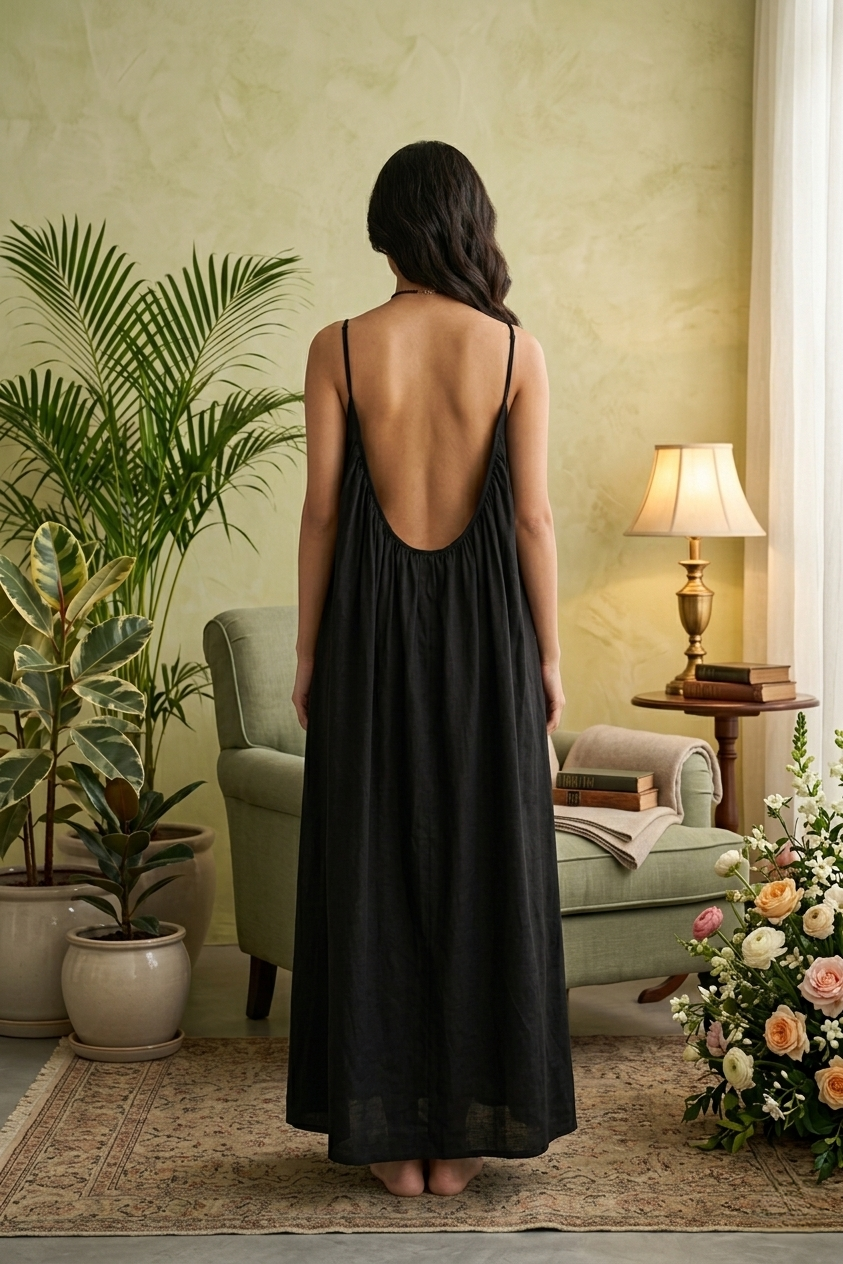 Elegant flowy maxi dress for women with spaghetti straps, loose A-line fit, and backless design, perfect for summer casual wear, beach outings, and stylish everyday fashion 09