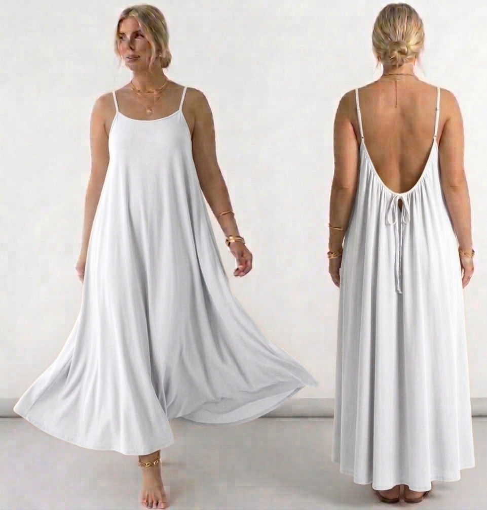 Elegant flowy maxi dress for women with spaghetti straps, loose A-line fit, and backless design, perfect for summer casual wear, beach outings, and stylish everyday fashion 10