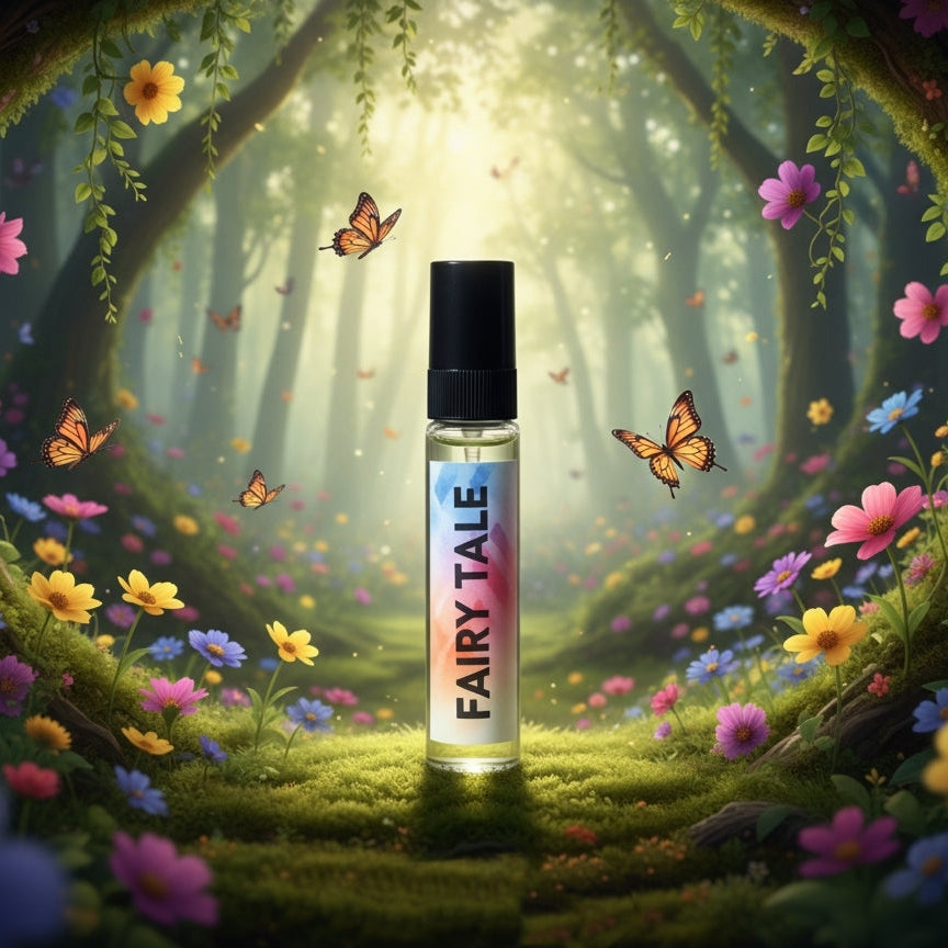 5ml FAIRY TALE tester perfume bottle in a magical forest setting with flowers and butterflies, indicating a sweet, whimsical, and enchanting scent.