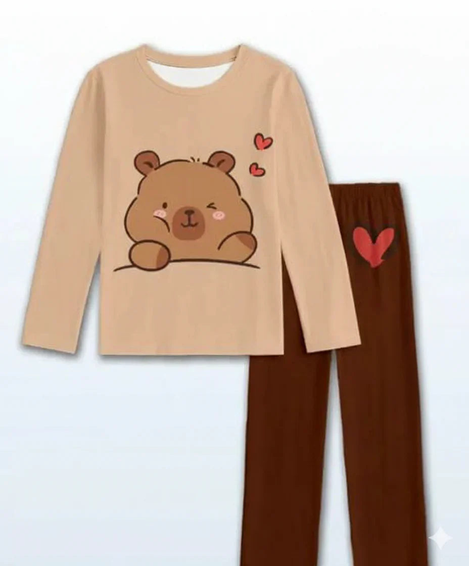 Brown bear printed kids sleep suit for summer, OM-386
