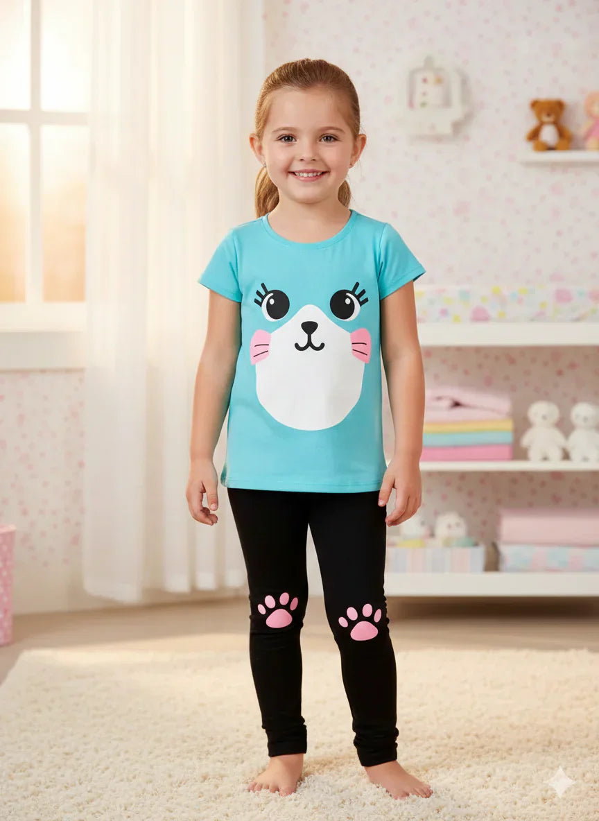 Sarfio Oman Kids Summer Tracksuits OM-395, Blue Cute Face Printed The Ultimate Kids Suit