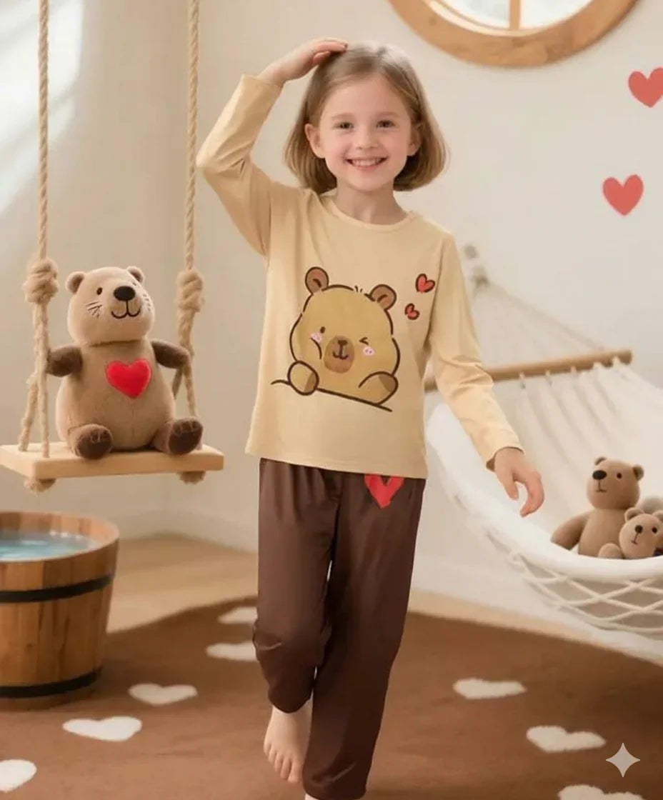 Brown bear printed kids sleep suit for summer, OM-386