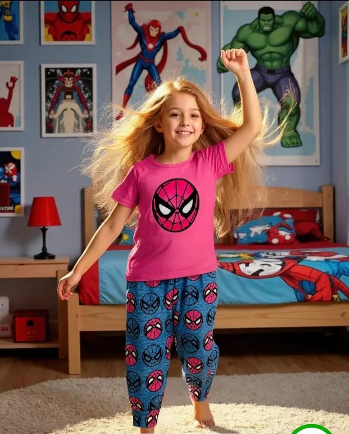 Sarfio Oman Kids Summer Tracksuits in Shocking Pink Spider Girl Print