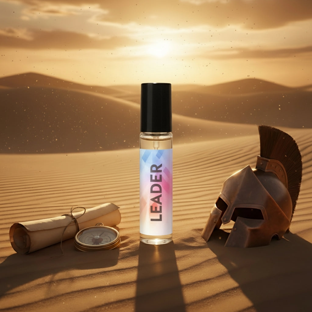 5ml LEADER tester perfume bottle in a desert landscape next to a Spartan helmet and a scroll, suggesting a powerful, motivational, and commanding fragrance.
