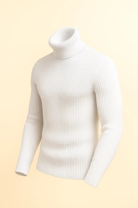 Men's slim-fit ribbed turtleneck sweater in a clean white or off-white color.