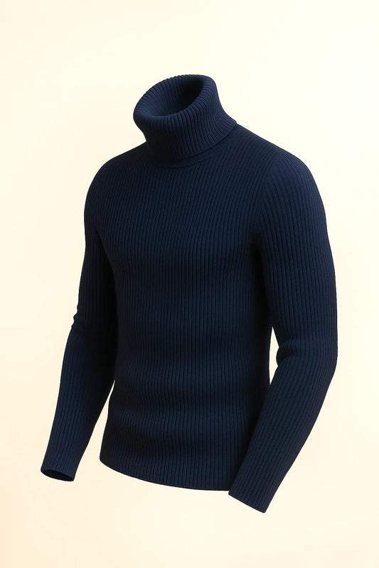 Tags Navy Blue Turtleneck, Navy Ribbed Sweater, Dark Blue High Neck, Men's Navy Jumper, Business Casual Knit, Classic Navy Sweater
