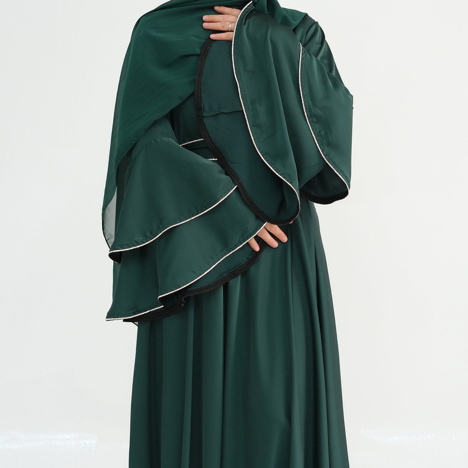 Beaded Nida Double-Layer Flare Sleeve Luxury Modest Maxi Dress