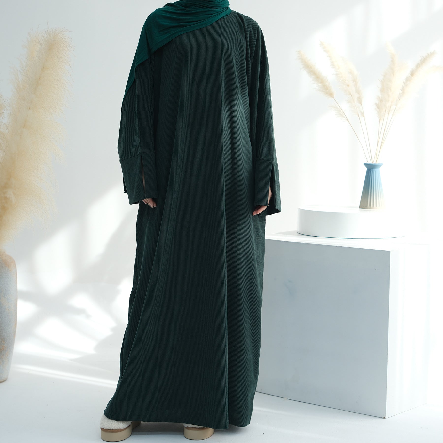 Corduroy Irregular Hem Modest Maxi Dress