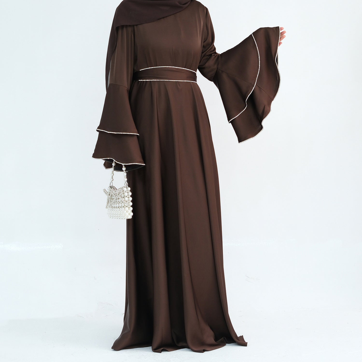Beaded Nida Double-Layer Flare Sleeve Luxury Modest Maxi Dress