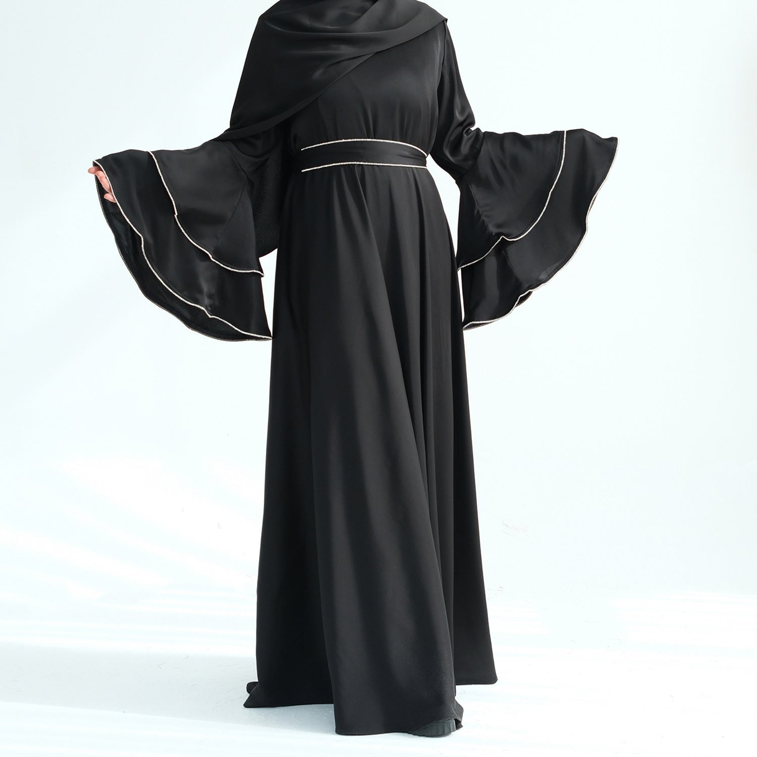 Beaded Nida Double-Layer Flare Sleeve Luxury Modest Maxi Dress