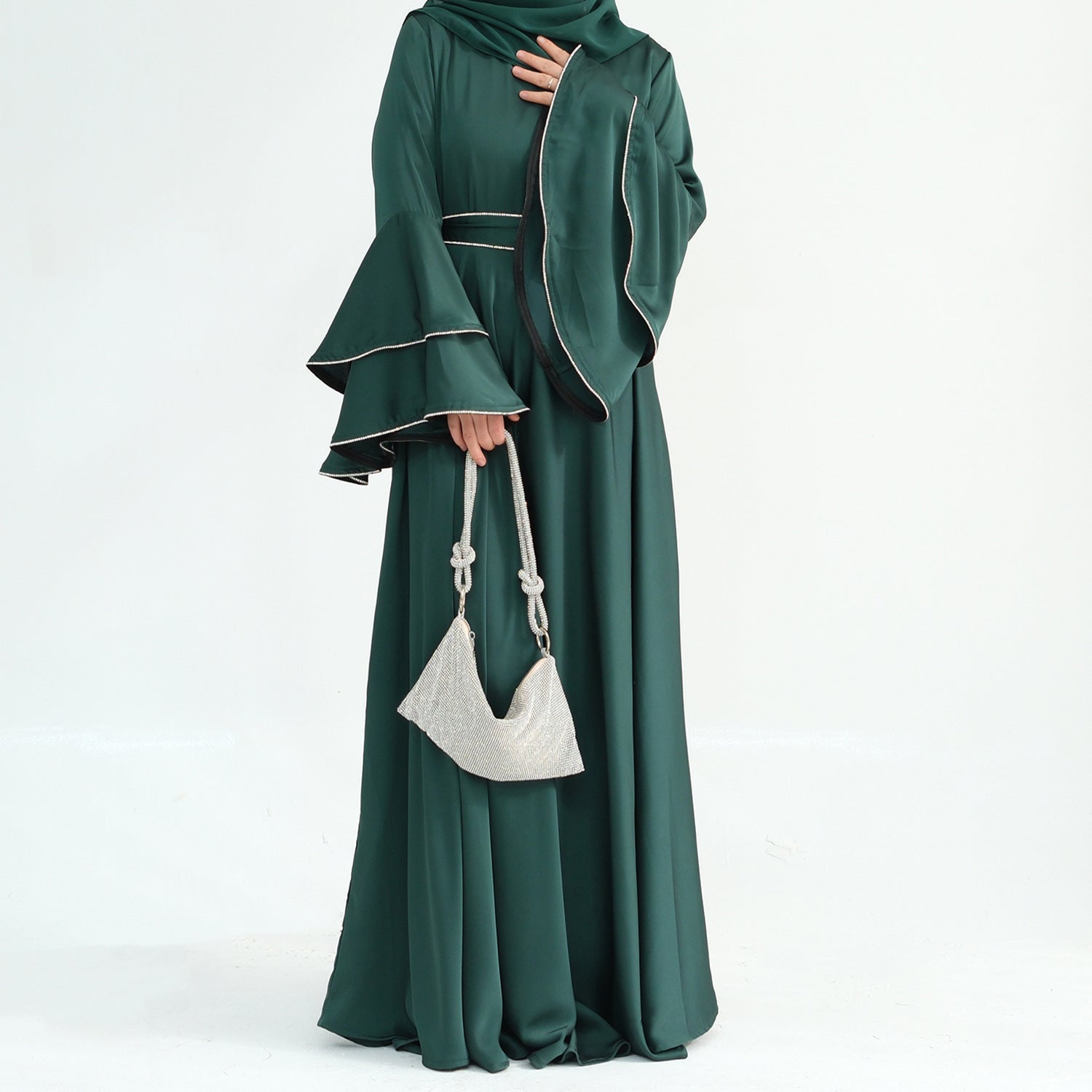 Beaded Nida Double-Layer Flare Sleeve Luxury Modest Maxi Dress