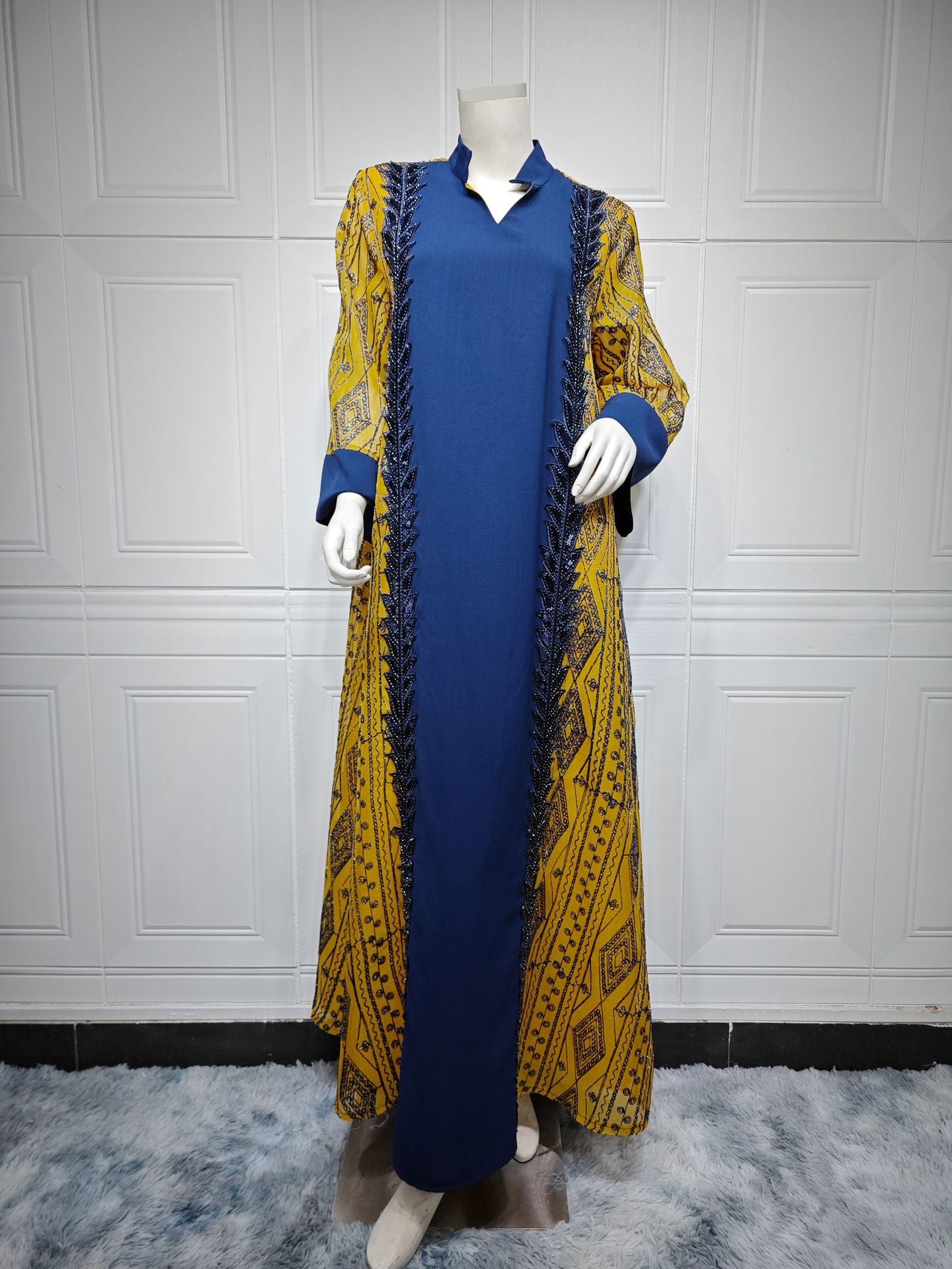 Colorblock Mesh Embroidered Beaded Muslim Dress