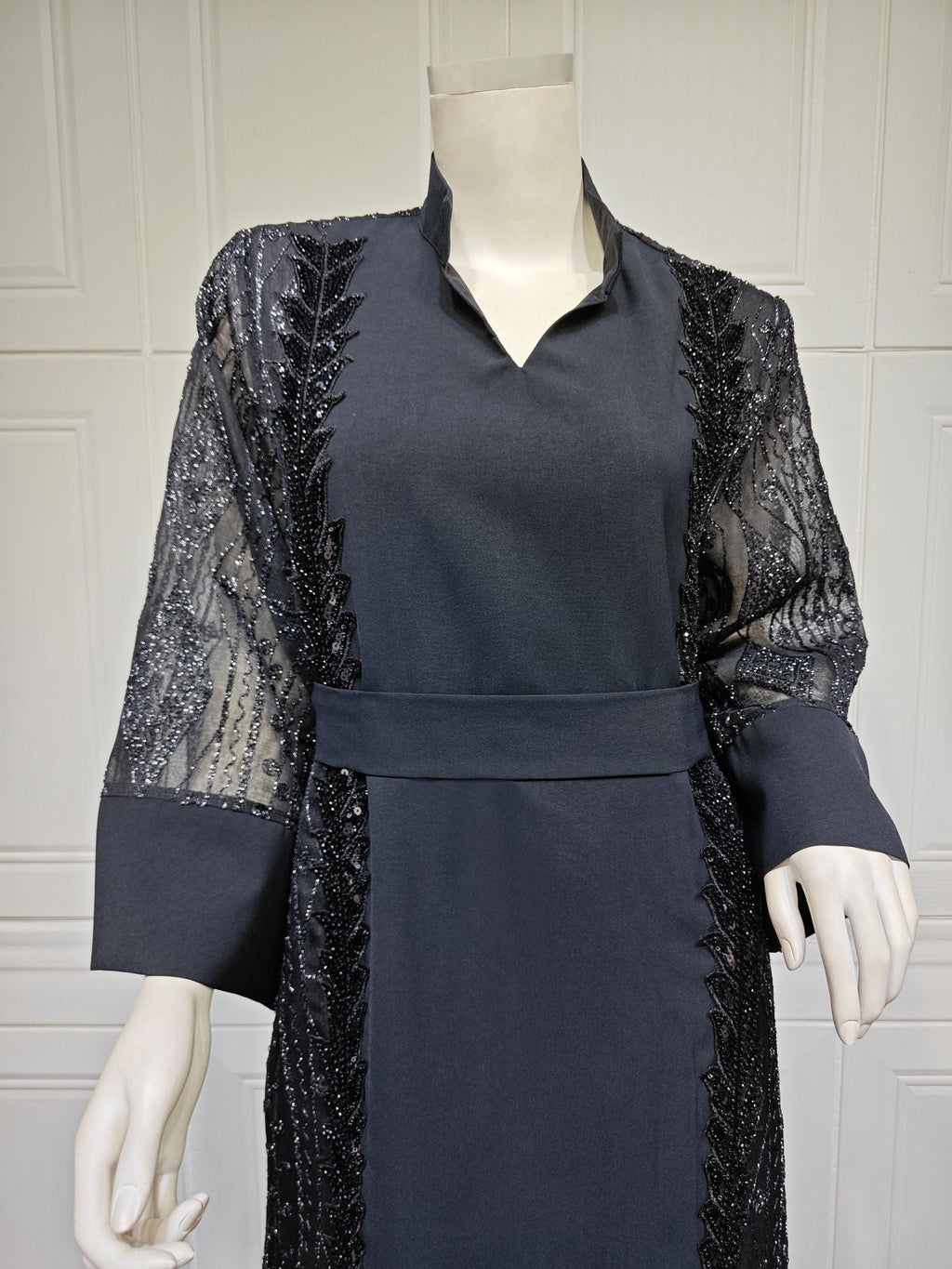 Colorblock Mesh Embroidered Beaded Muslim Dress