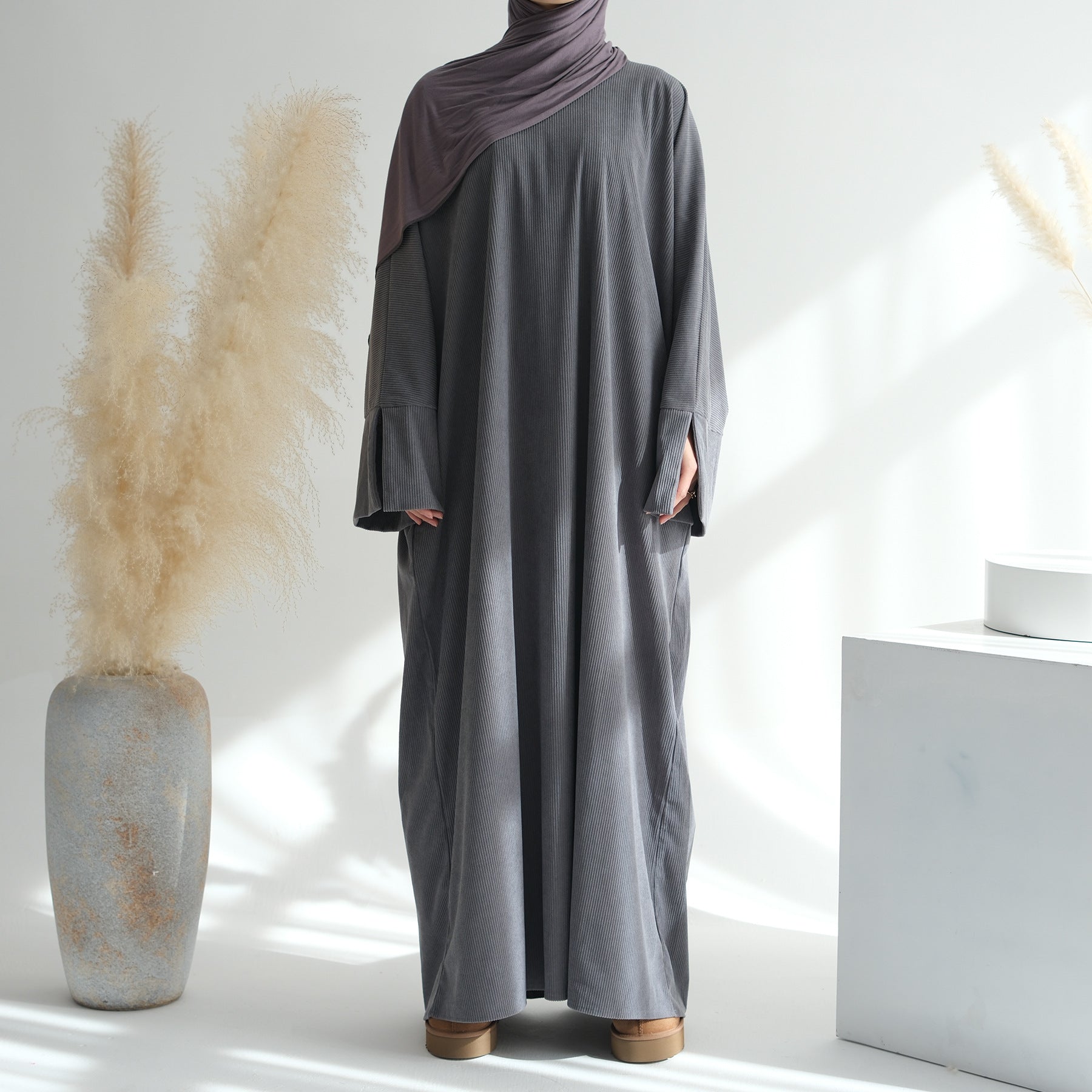 Corduroy Irregular Hem Modest Maxi Dress