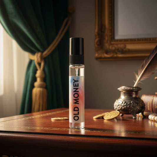 5ml OLD MONEY tester perfume bottle on a luxurious wooden desk with gold coins and a feather quill, promoting a rich, sophisticated, and elegant scent.