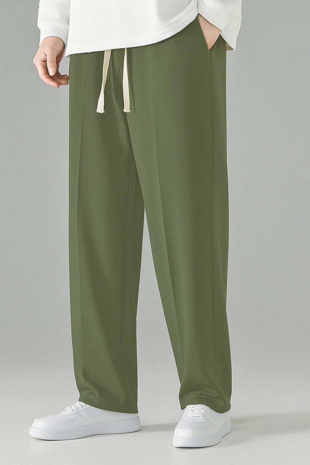 Earthy Olive single-line seam relaxed trousers with a white drawstring and a bright white top