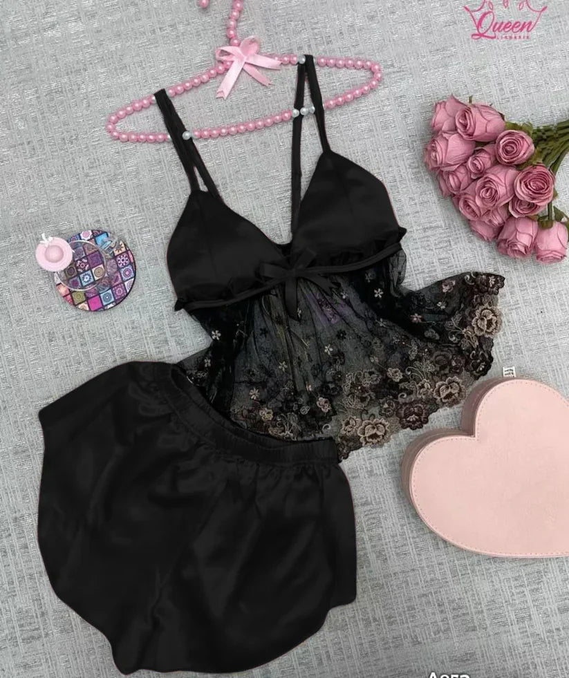 Two-piece satin sleepwear set featuring a lace-trim camisole top with floral embroidery and matching shorts 03