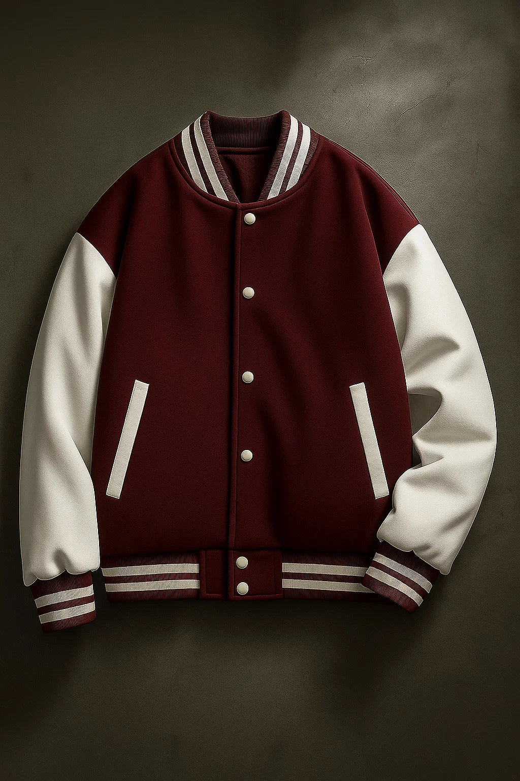 Detailed shot of a maroon (burgundy) varsity jacket with off-white sleeves and maroon/white striped trim.