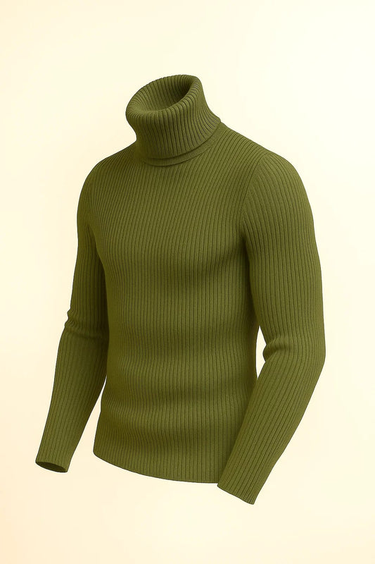 Men's slim-fit ribbed turtleneck sweater in a rich olive green color.
