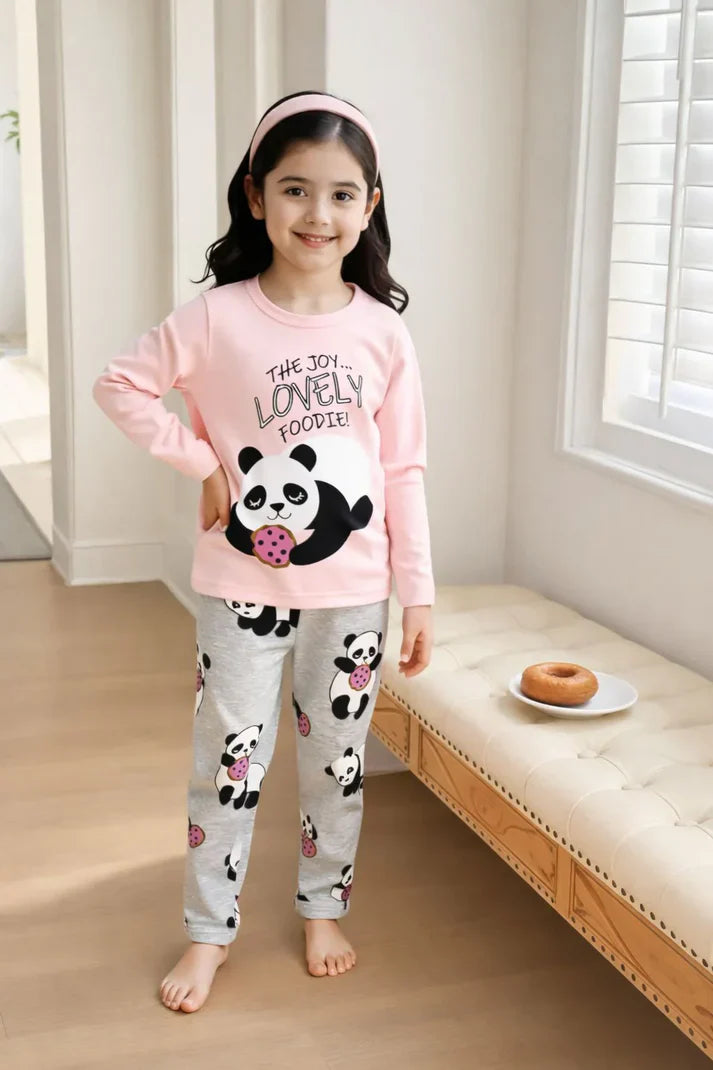 Kids' summer tracksuit from Sarfio Oman, OM-391 style, featuring a vibrant pink panda print.