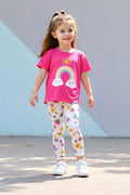 Shocking Pink Rainbow T-Shirt with Multi Flowers Printed Kids Sleep Suit